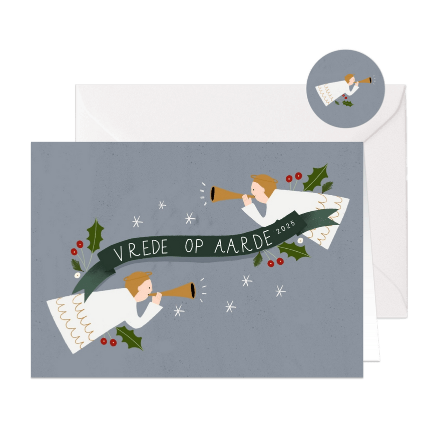 Christelijke kerstkaart met illustratie van engeltjes - Kaartimpressie