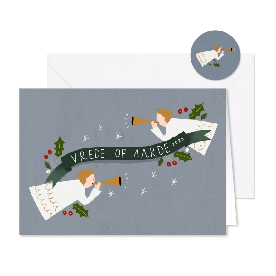Christelijke kerstkaart met illustratie van engeltjes - Kaartimpressie