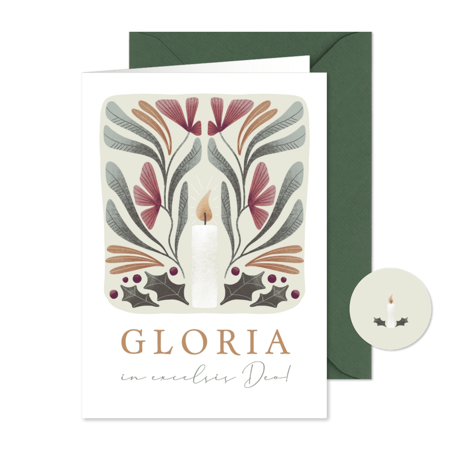 Christelijke kerstkaart met kaars bijbeltekst en kerstgroen - Kaartimpressie