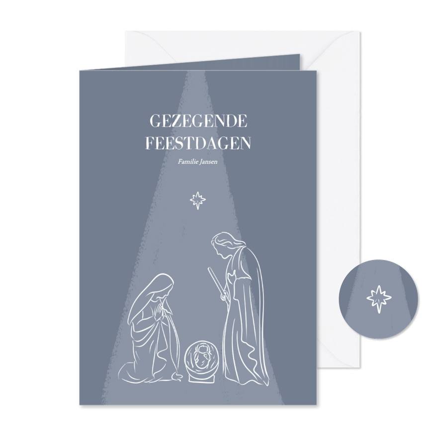 Christelijke kerstkaart met kerststal blauw - Kaartimpressie