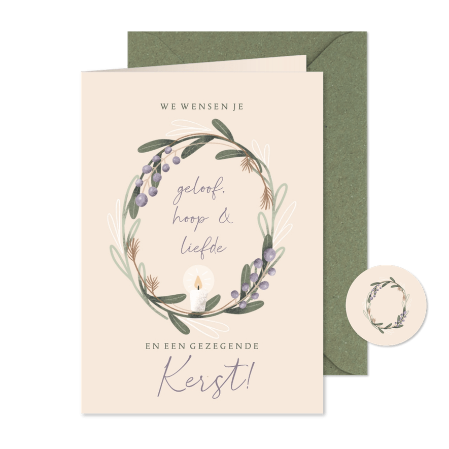 Christelijke kerstkaart met krans kaars en bijbeltekst - Kaartimpressie