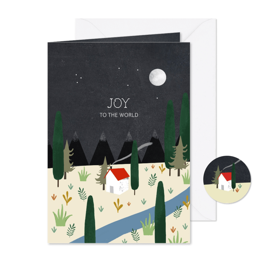 Christelijke kerstkaart met planten en huisje illustratie - Kaartimpressie