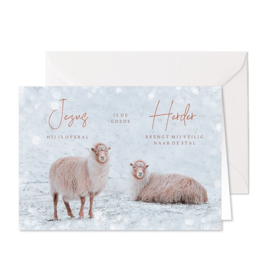 Christelijke kerstkaart met schapen en een songtekst - Kaartimpressie