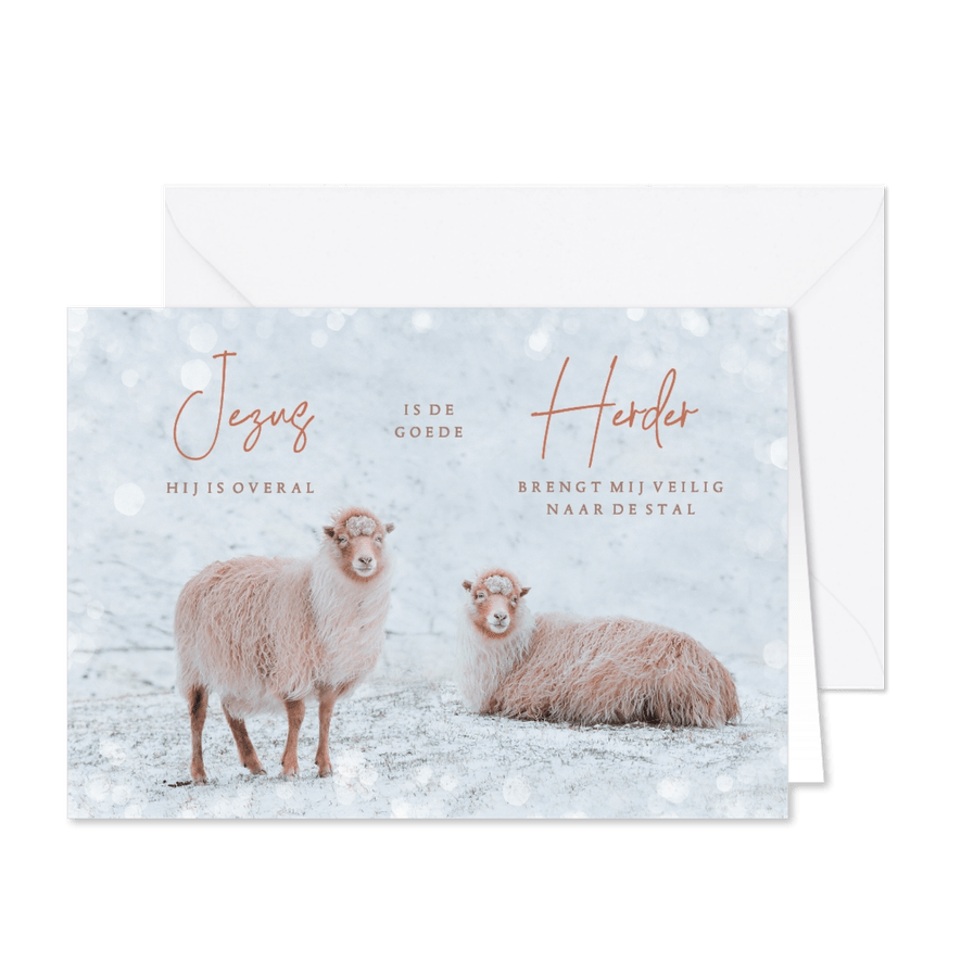Christelijke kerstkaart met schapen en een songtekst - Kaartimpressie
