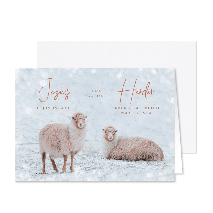 Christelijke kerstkaart met schapen en een songtekst - Kaartimpressie