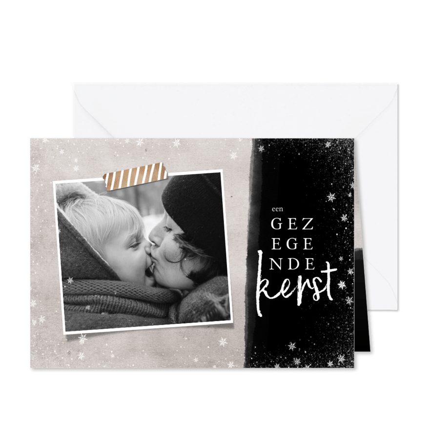 Christelijke kerstkaart met sneeuwvlokken en foto - Kaartimpressie