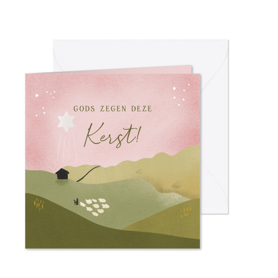 Christelijke kerstkaart met stal herder schaapjes en ster - Kaartimpressie