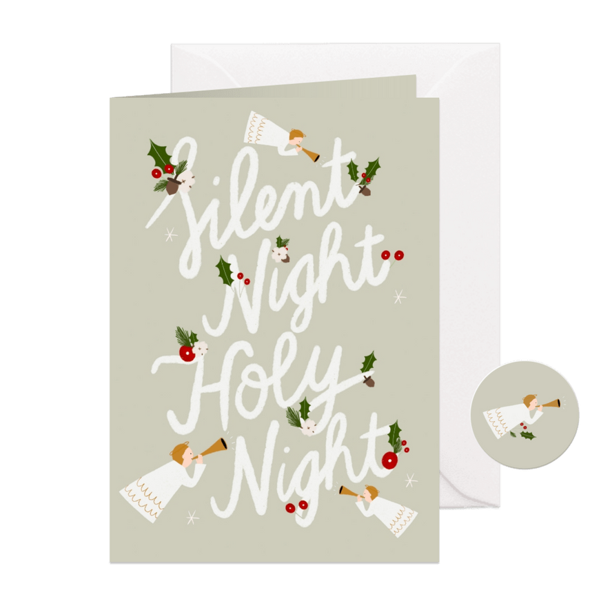 Christelijke kerstkaart met typografie en illustraties - Kaartimpressie