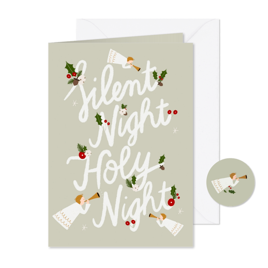 Christelijke kerstkaart met typografie en illustraties - Kaartimpressie