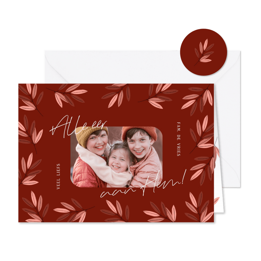 Christelijke kerstkaart rood bladeren foto alle eer aan Hem - Kaartimpressie