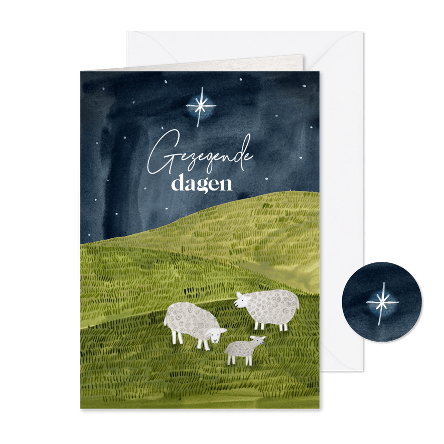 Christelijke kerstkaart sterren wei schapen waterverf - Kaartimpressie