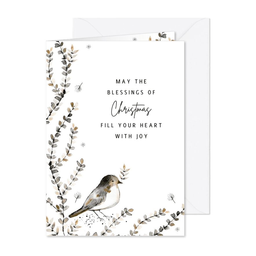 Christelijke kerstkaart vogel takjes - Kaartimpressie