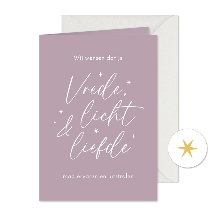 Christelijke kerstkaart vrede licht liefde sterren lila - Kaartimpressie