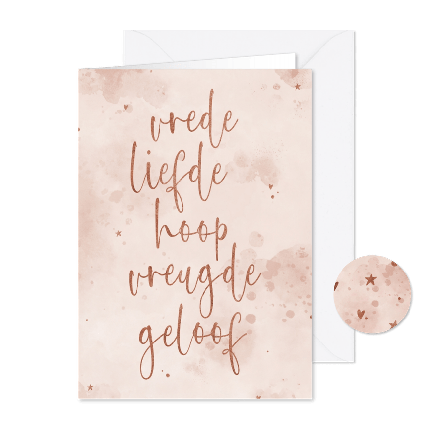 Christelijke kerstkaart 'vrede liefde hoop vreugde geloof' - Kaartimpressie