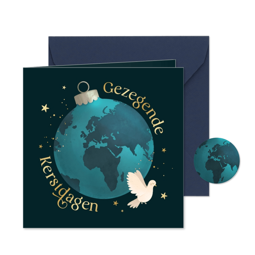 Christelijke kerstkaart vredesduif aarde kerstbal gezegend - Kaartimpressie