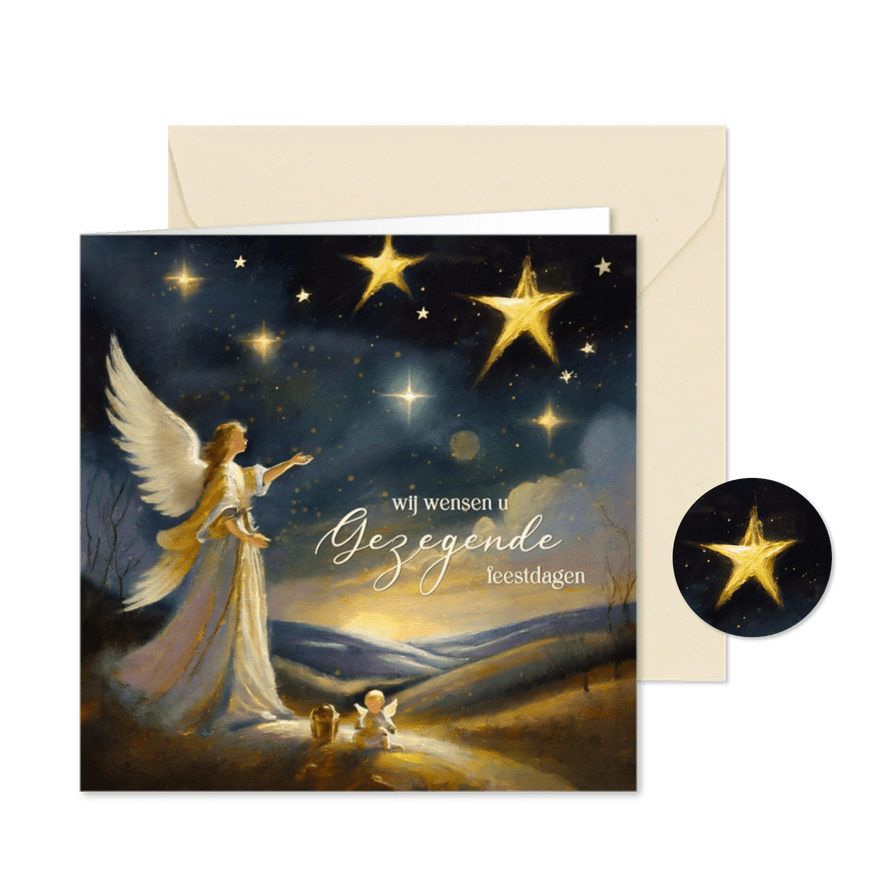 Christelijke klassieke kerstkaart met schilderij met engel - Kaartimpressie