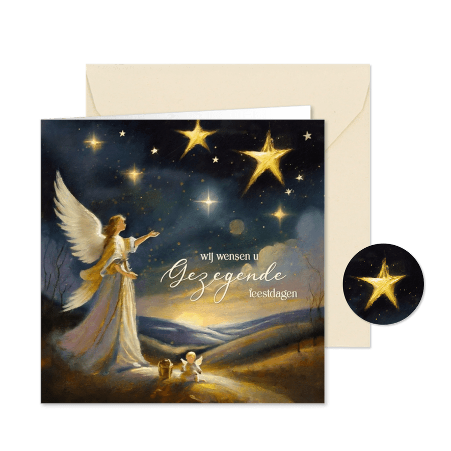 Christelijke klassieke kerstkaart met schilderij met engel - Kaartimpressie