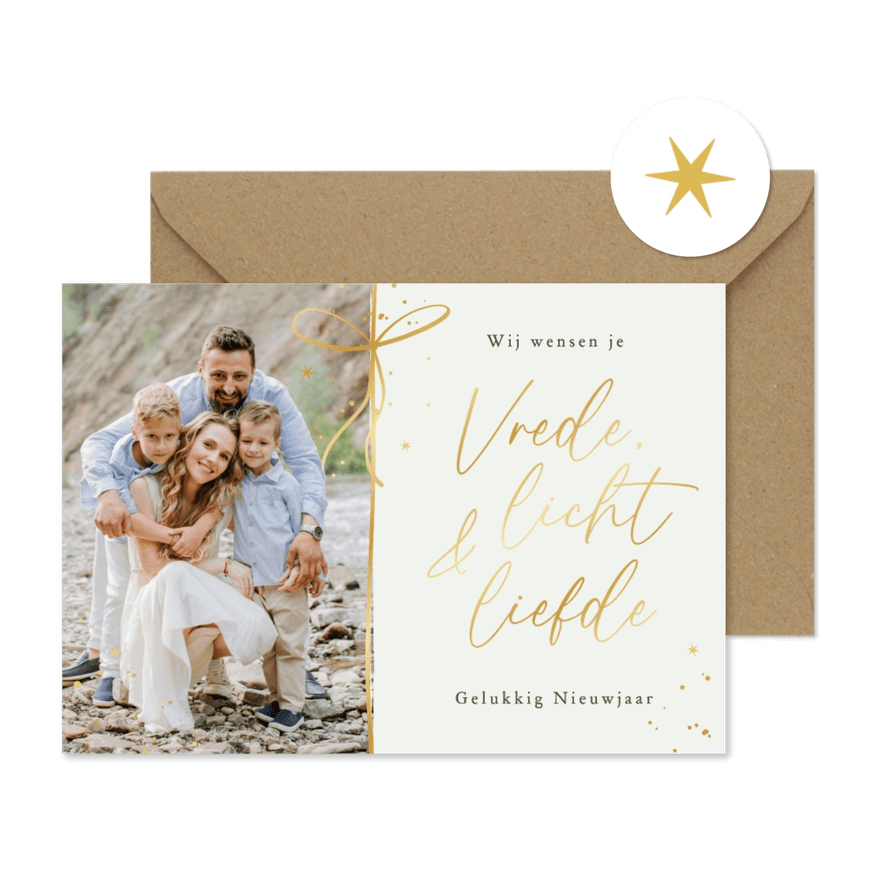 Christelijke nieuwjaarskaart foto strik sterren goud liefde - Kaartimpressie