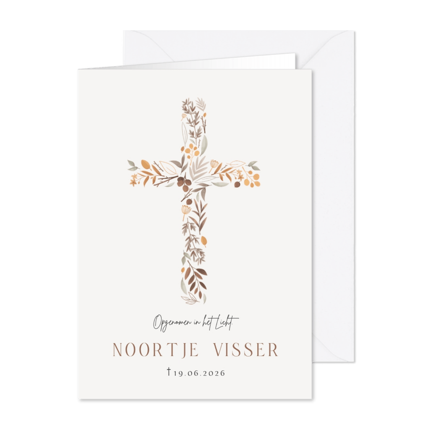 Christelijke rouwkaart kruis bladeren bloemen - Kaartimpressie