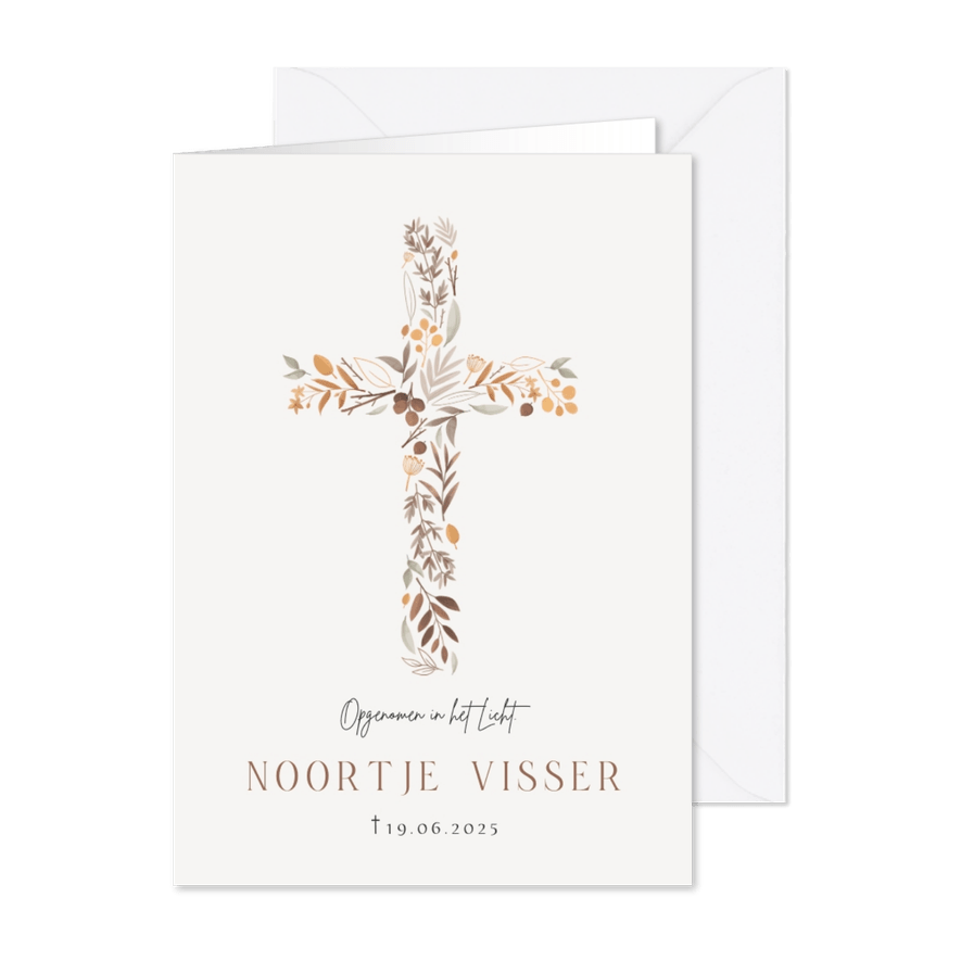 Christelijke rouwkaart kruis bladeren bloemen - Kaartimpressie