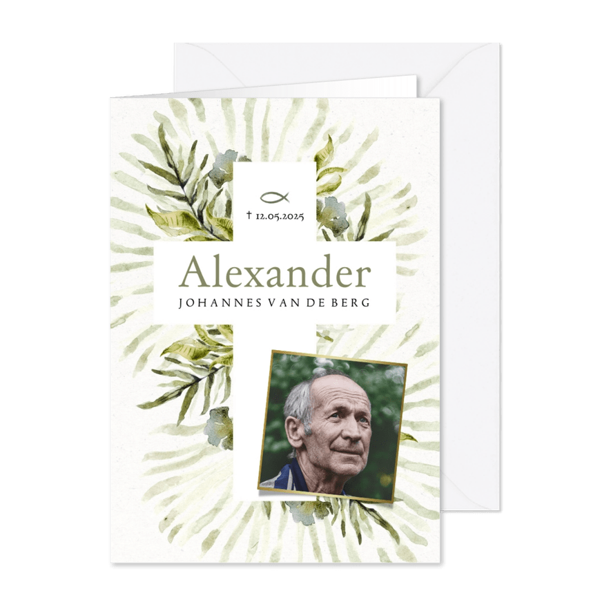 Christelijke rouwkaart met botanische bladeren kruis foto - Kaartimpressie