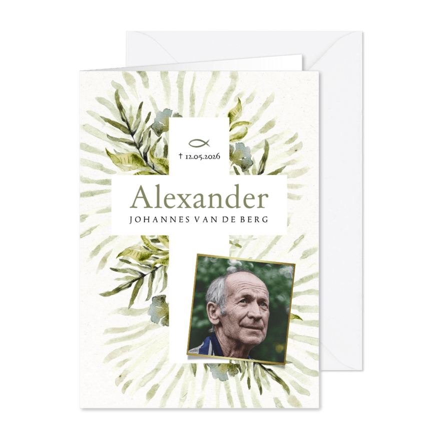 Christelijke rouwkaart met botanische bladeren kruis foto - Kaartimpressie