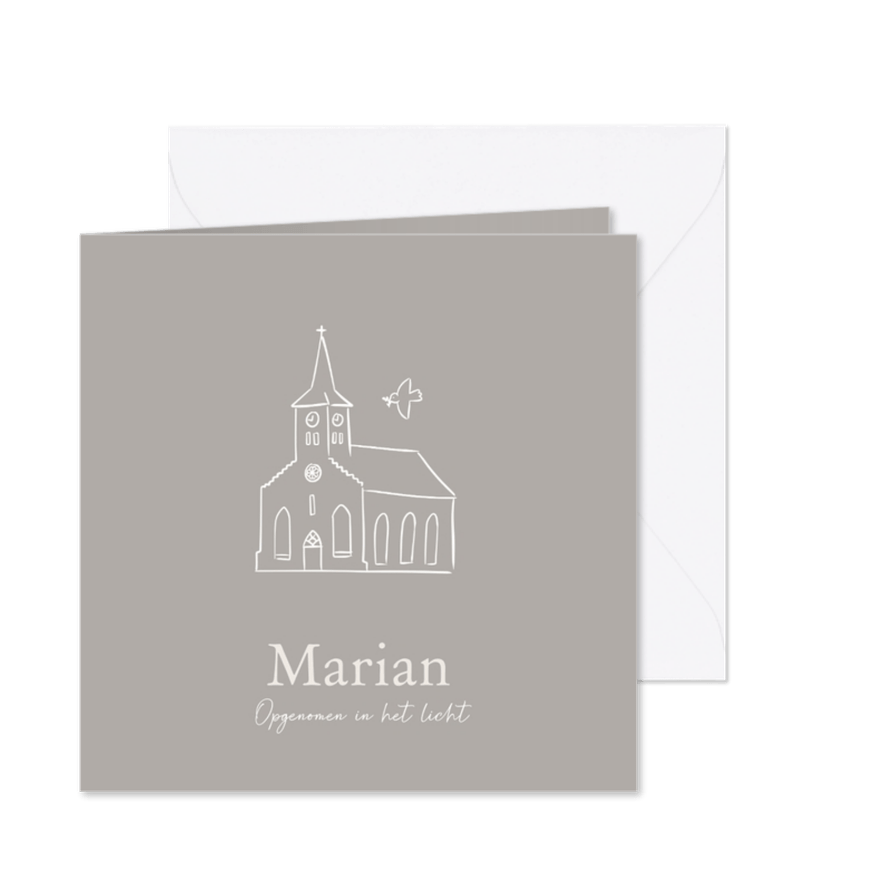Christelijke rouwkaart met een kerkje en vredesduif - Kaartimpressie