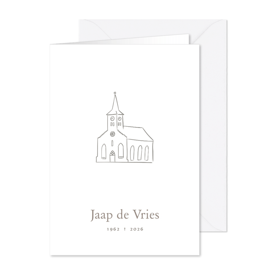 Christelijke rouwkaart met illustratie van een kerkje - Kaartimpressie