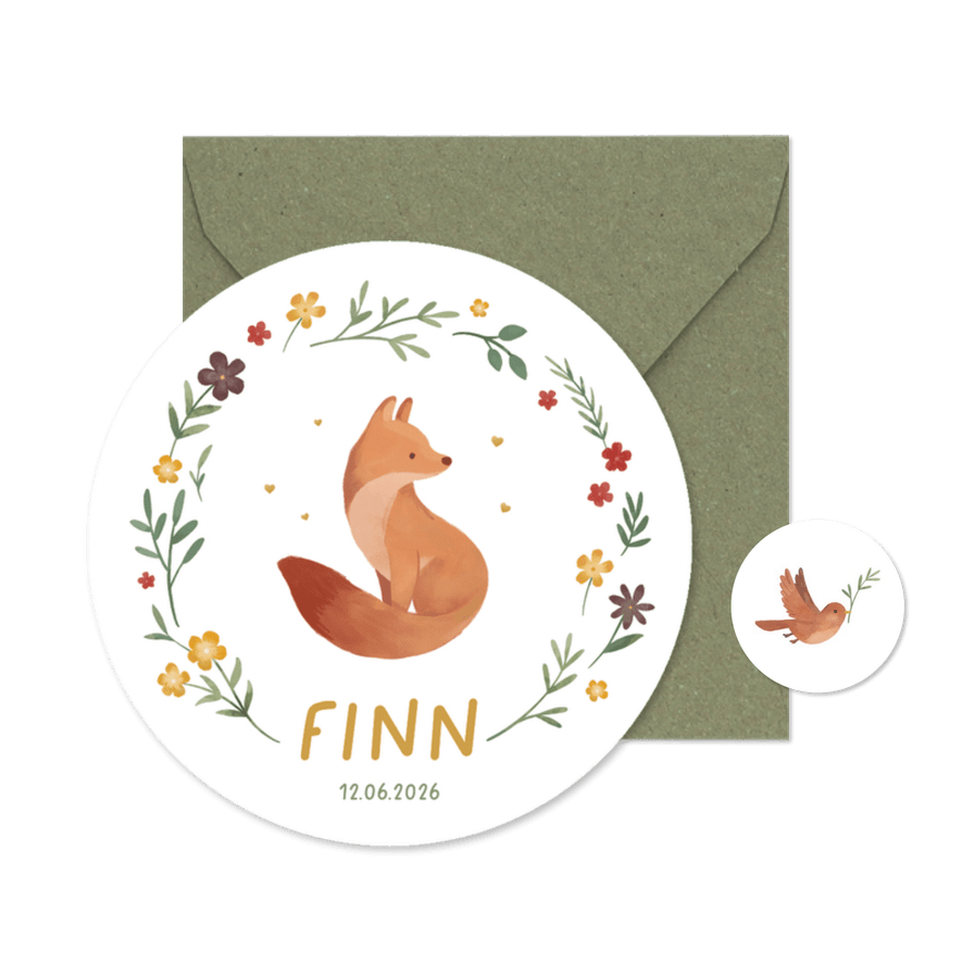 Cirkel geboortekaartje vosje lente bloemen hartjes - Kaartimpressie