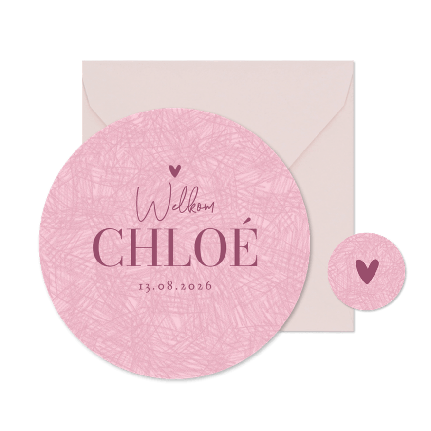 Cirkelkaart geboortekaartje meisje rond potlood effect roze - Kaartimpressie