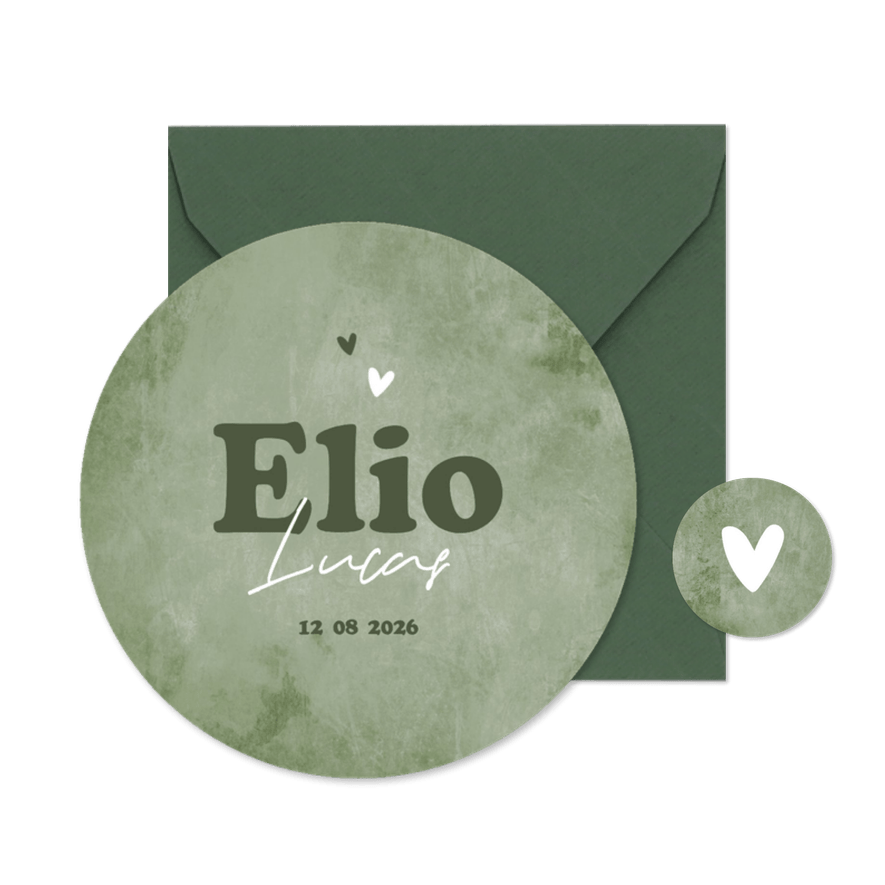 Cirkelkaart geboortekaartje rond groen natuurlijk stoer - Kaartimpressie