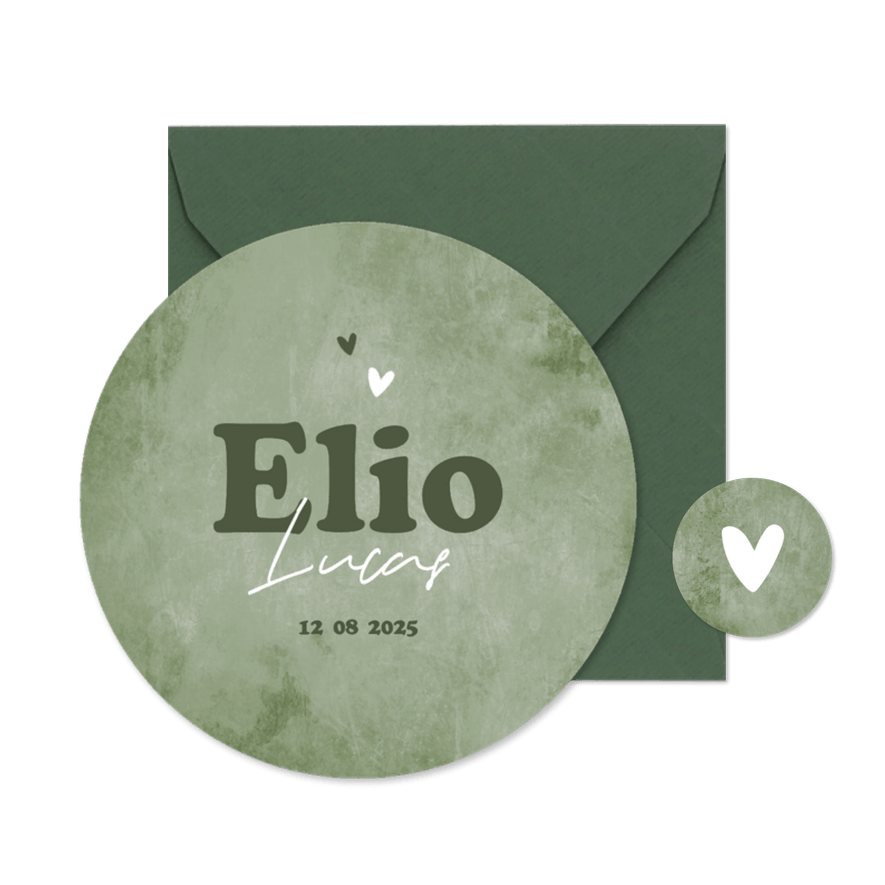 Cirkelkaart geboortekaartje rond groen natuurlijk stoer - Kaartimpressie