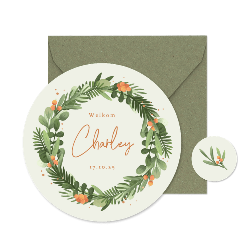 Cirkelkaart geboortekaartje unisex takjes besjes krans koper - Kaartimpressie