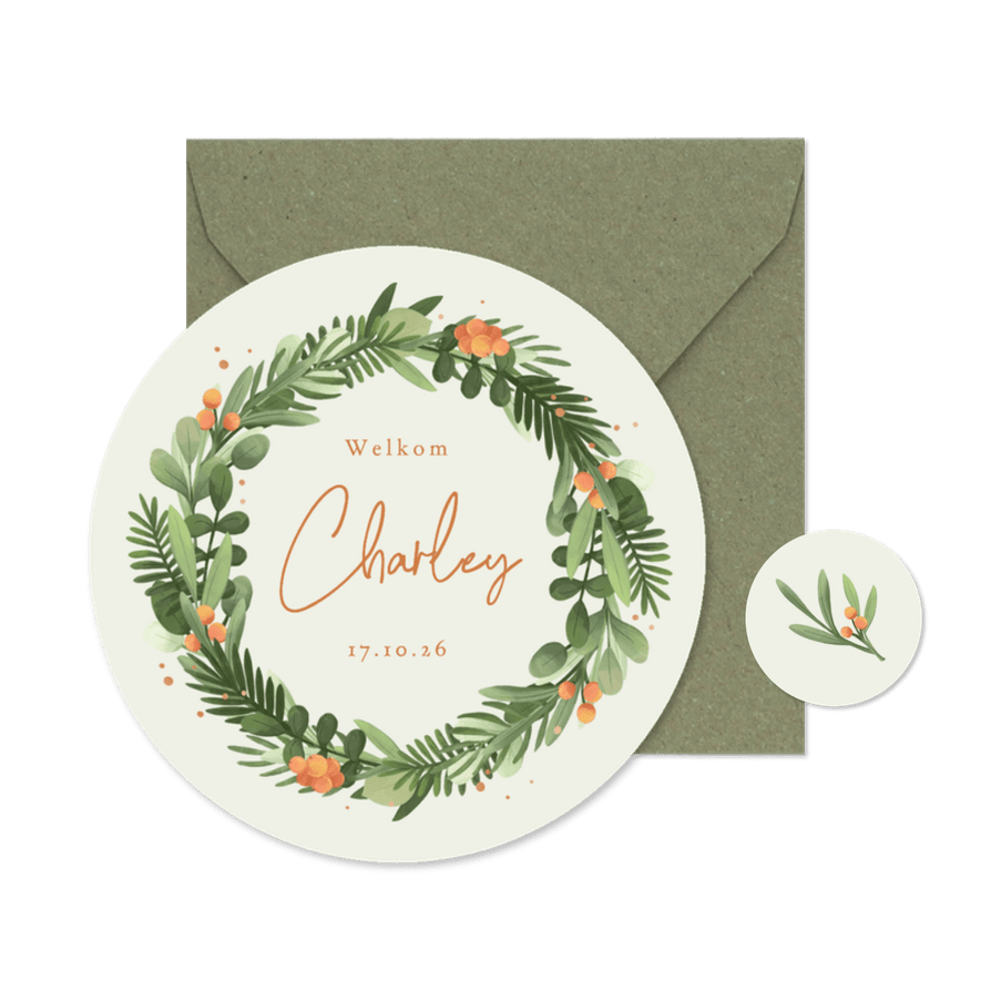 Cirkelkaart geboortekaartje unisex takjes besjes krans koper - Kaartimpressie