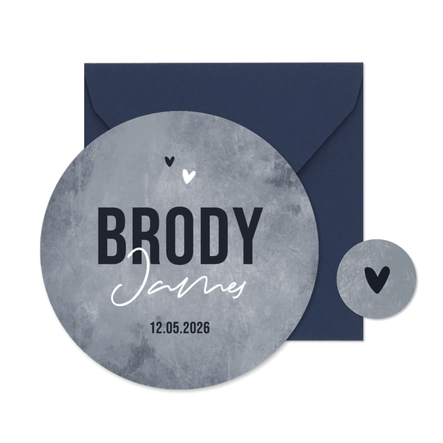 Cirkelvorm geboortekaartje stoer betonlook grijs hartjes - Kaartimpressie