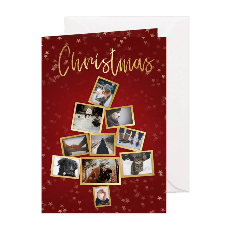 Collage kerstkaart kerstboom rood  en goud voor 10 foto's - Kaartimpressie