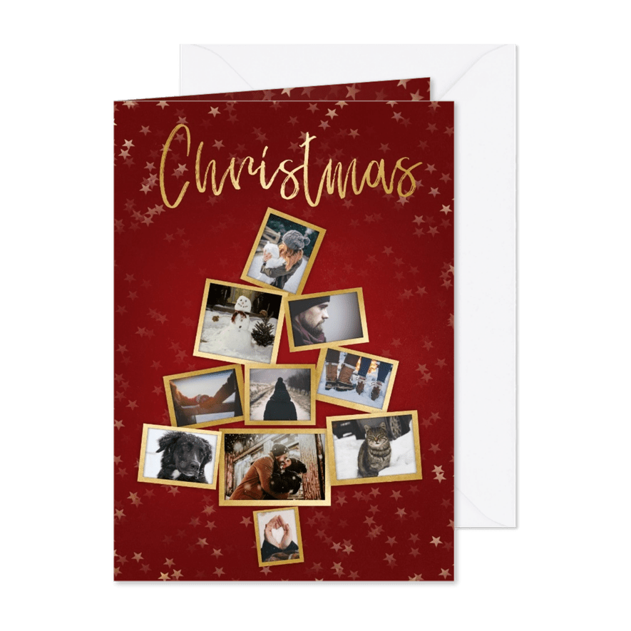 Collage kerstkaart kerstboom rood en goud voor 10 foto's - Kaartimpressie