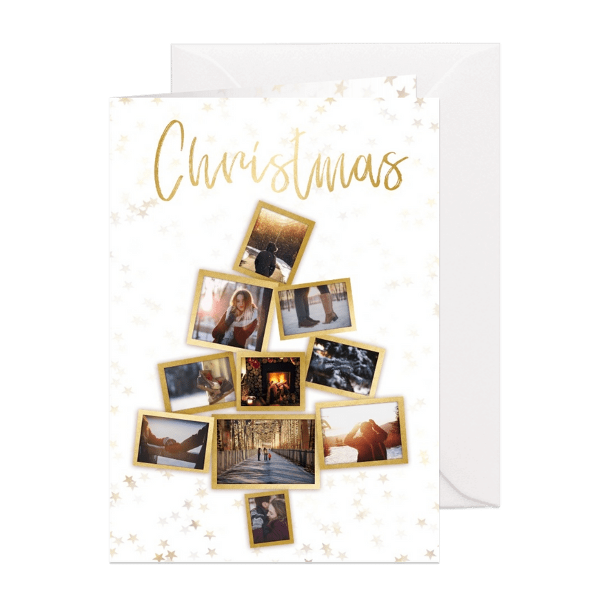 Collage kerstkaart kerstboom wit en goud voor 10 foto's - Kaartimpressie