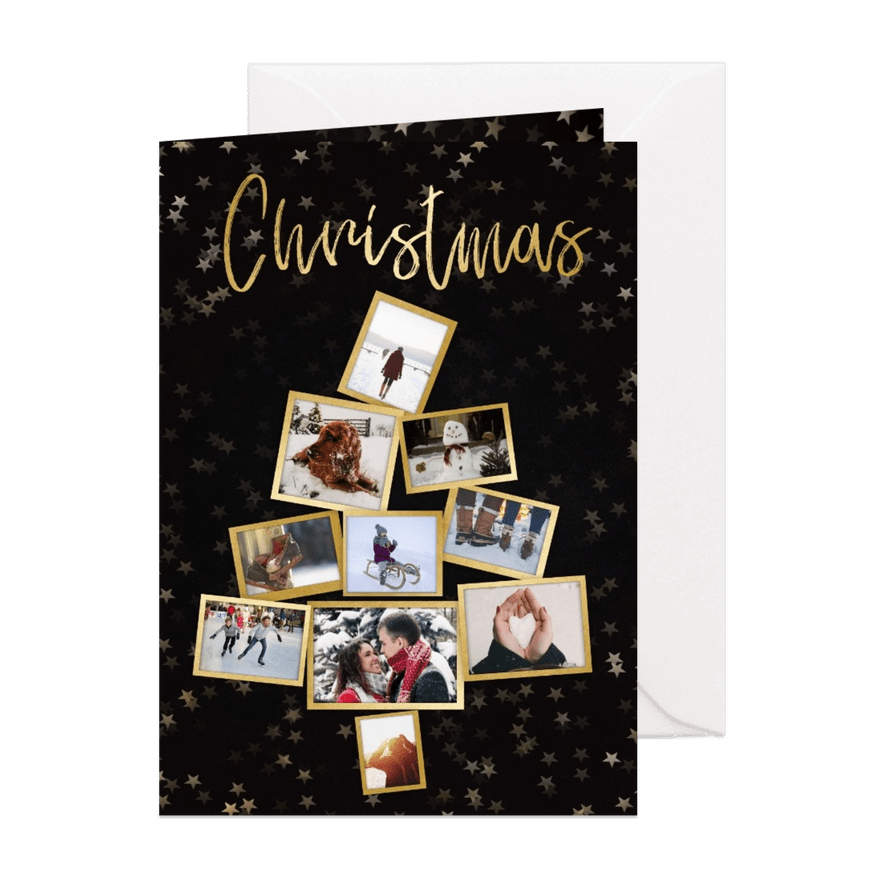 Collage kerstkaart kerstboom zwart en goud voor 10 foto's - Kaartimpressie