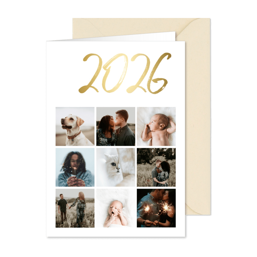 Collagekaart stijlvol '2026' goud - Kaartimpressie