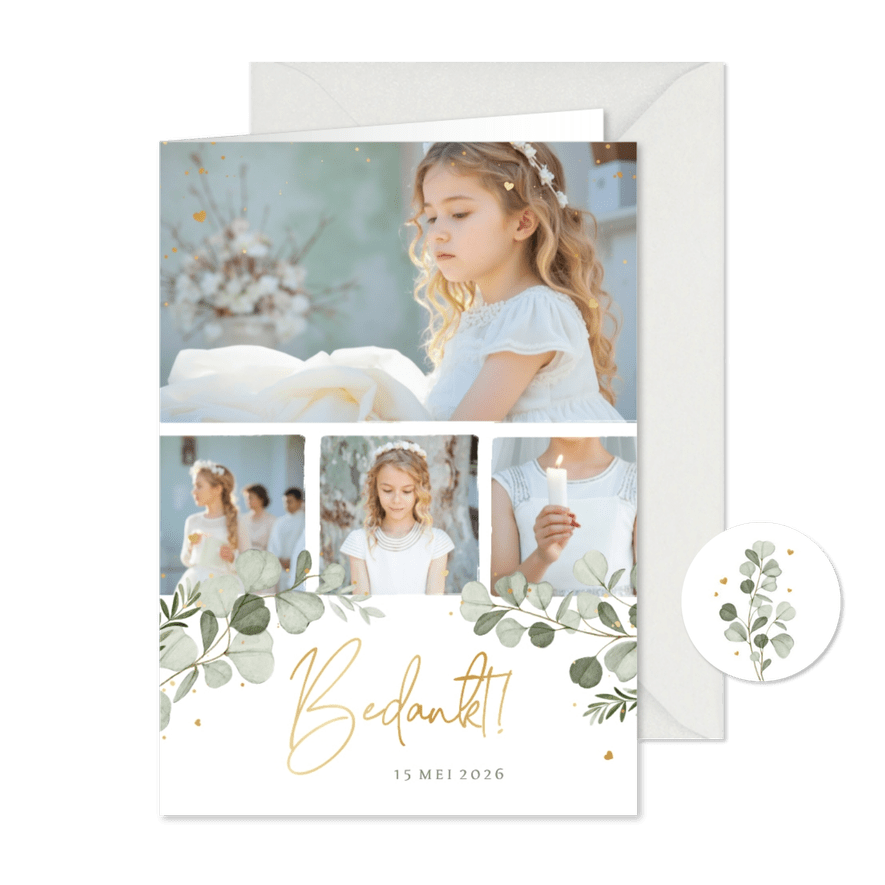Communie bedankje eigen foto's eucalyptus - Kaartimpressie