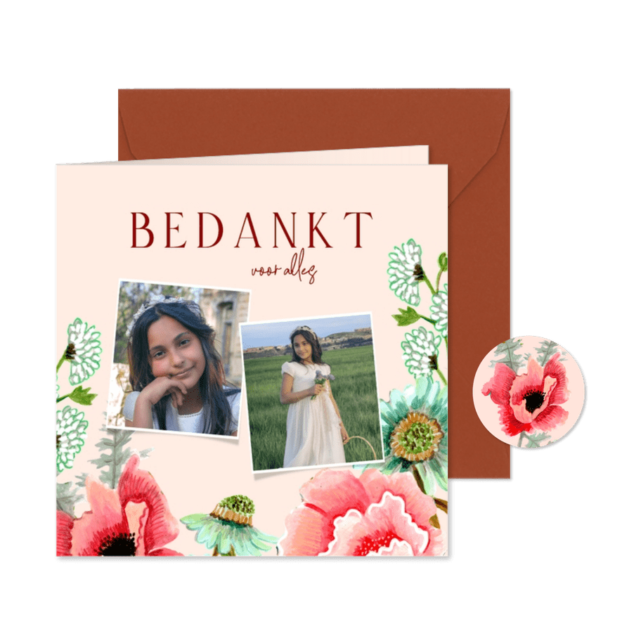 Communie bedankkaart bloemen en klaprozen op blauw - Kaartimpressie