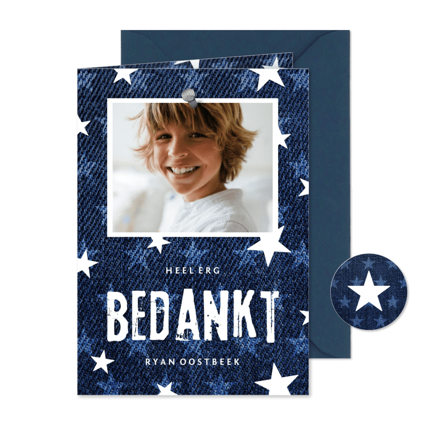 Communie bedankkaart denim stoer met sterren - Kaartimpressie