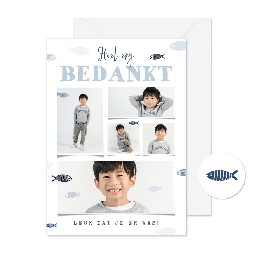Communie bedankkaart fotocollage visjes blauw - Kaartimpressie