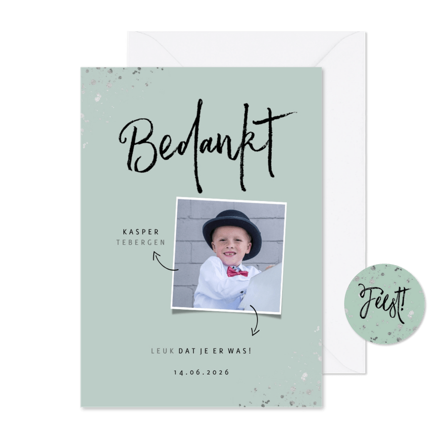 Communie bedankkaart hip met zilveren spetters en foto - Kaartimpressie