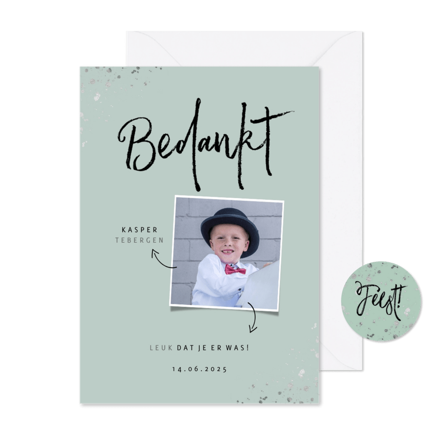Communie bedankkaart hip met zilveren spetters en foto - Kaartimpressie