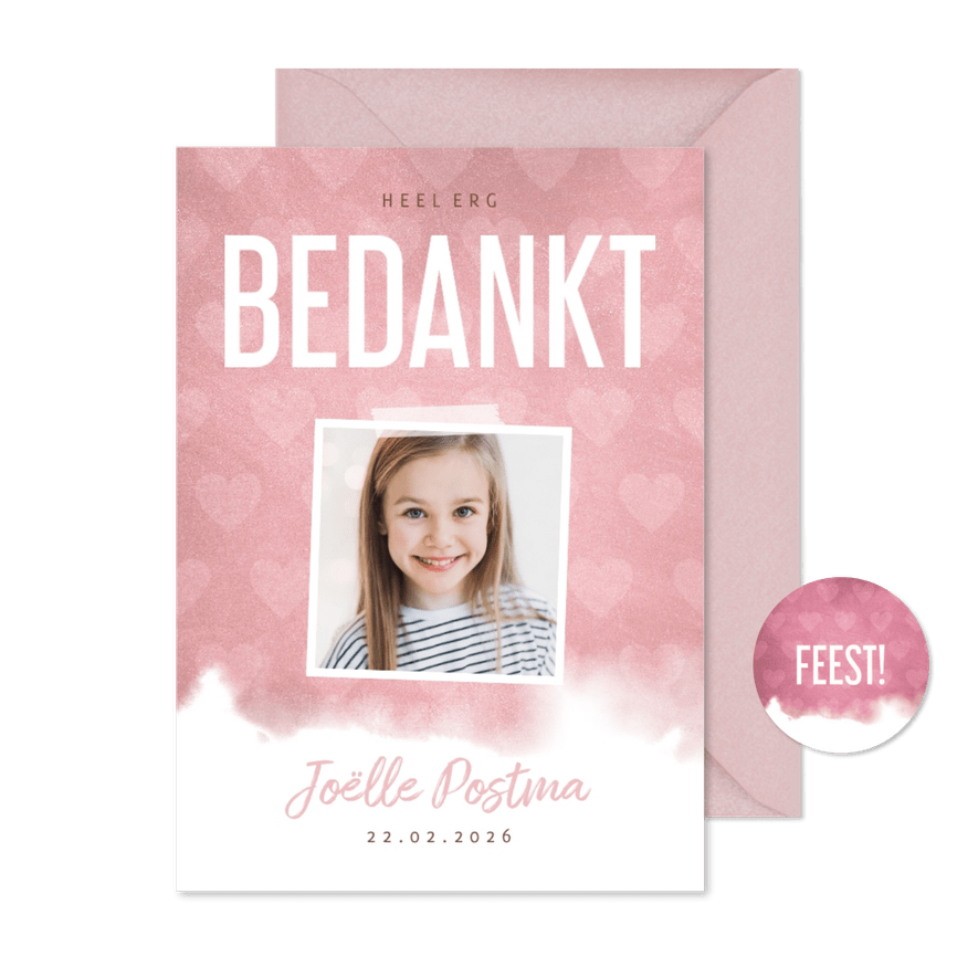 Communie bedankkaart hip waterverf roze met hartjes - Kaartimpressie
