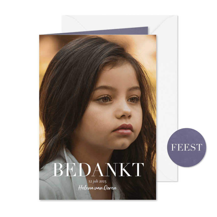 Communie bedankkaart klassieke letters en grote foto - Kaartimpressie