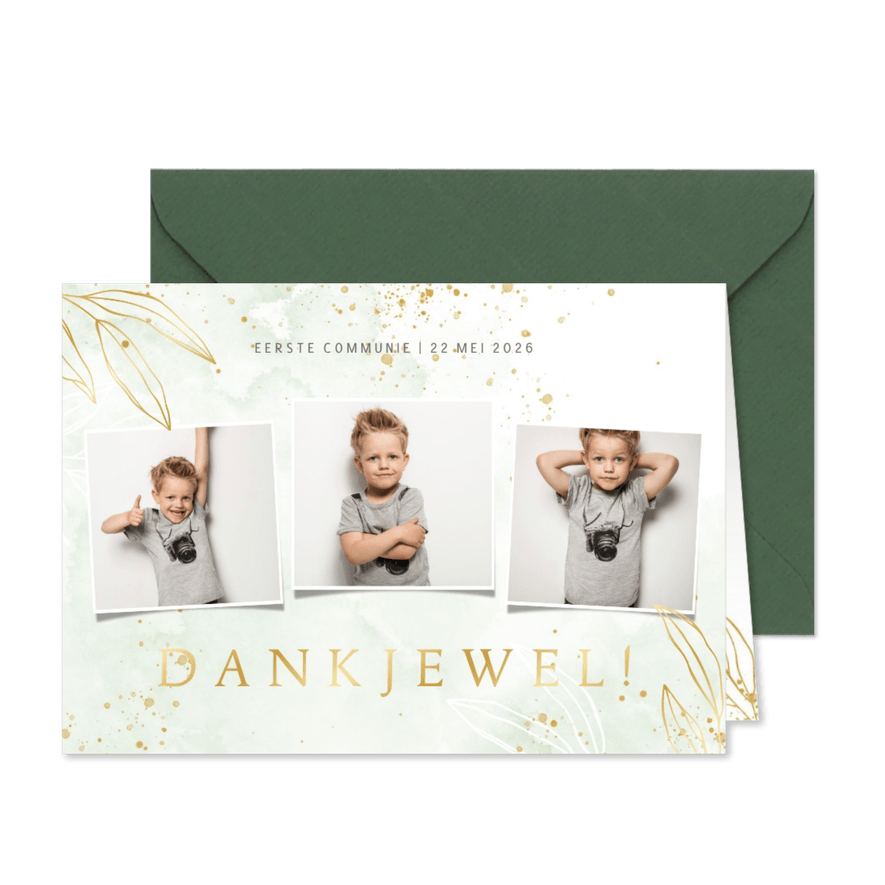 Communie bedankkaart lief groene waterverf met blaadjes - Kaartimpressie