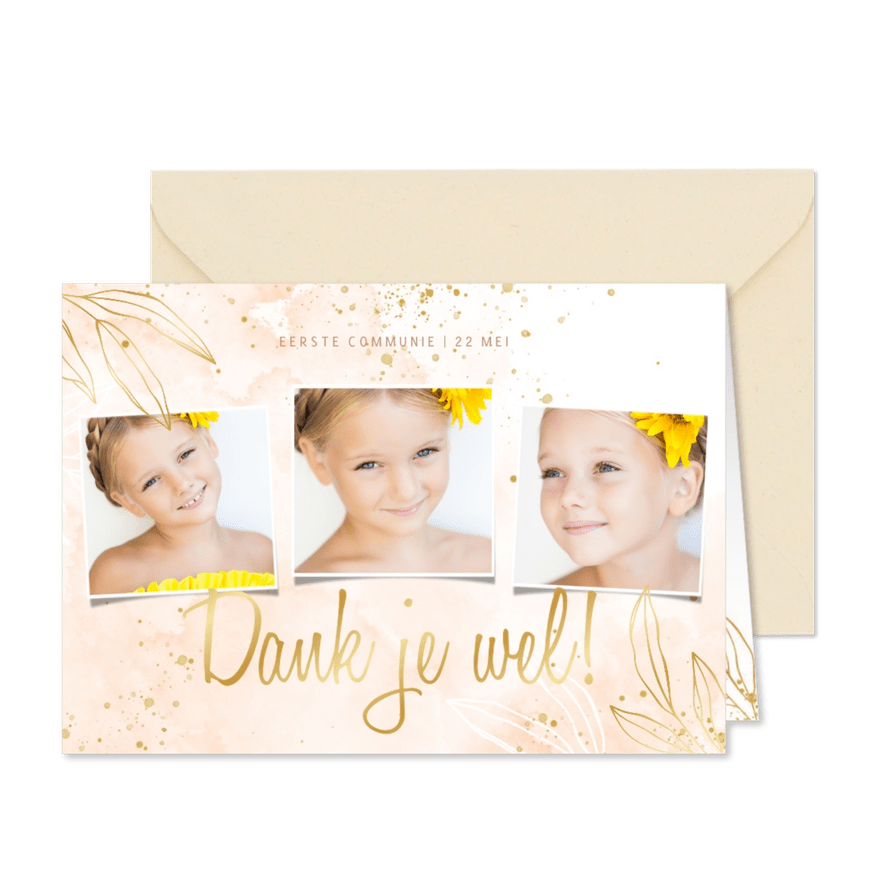 Communie bedankkaart lief roze waterverf met blaadjes - Kaartimpressie